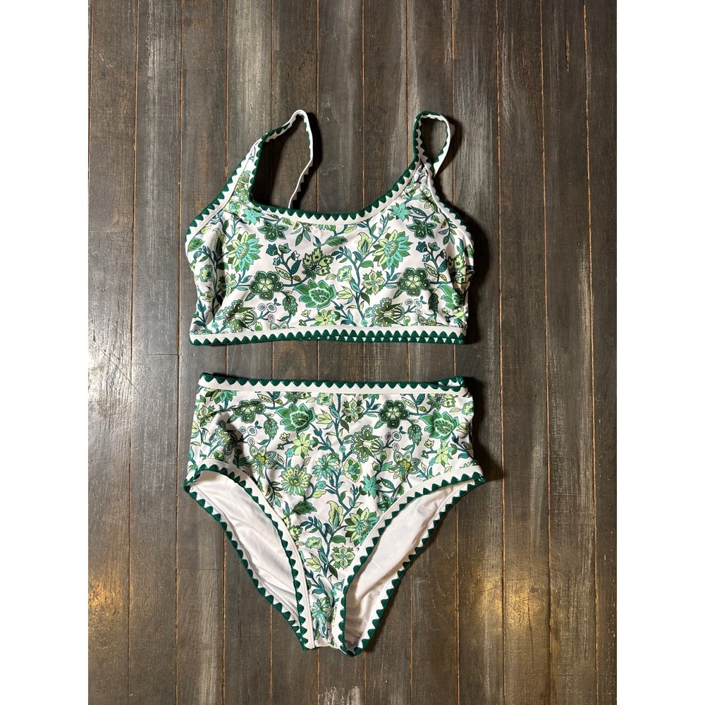 Herseas Green Floral High Waisted Bikini Set Ric Rac Trim Swimsuit Two Piece